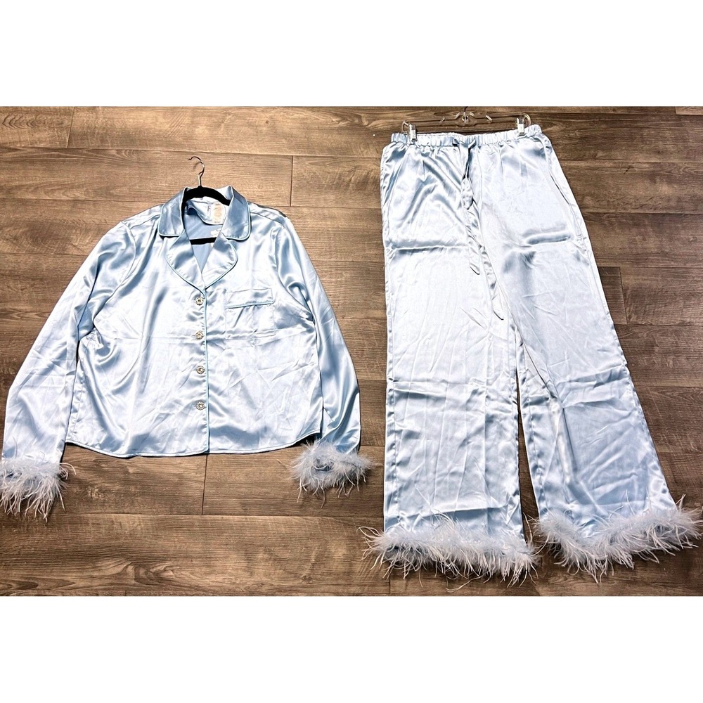 Lulus Pajama Set Women's XL Blue Satin Ostrich Feather Trim Rhinestone NEW